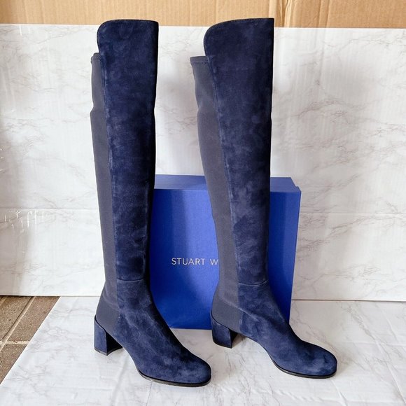 Stuart Weitzman 5050 City Block OTK Boot Over the Knee Blue Suede EU 37 US 6.5 - Picture 4 of 11